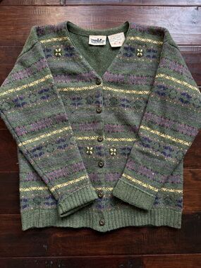 Vintage 90s Northern Reflections Green Fair Isle Wool Cardigan Sweater